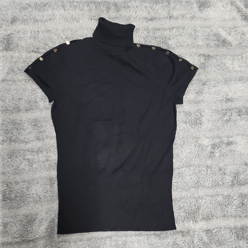 Cache Black Short-Sleeve Turtleneck Sweater with Shoulder Buttons